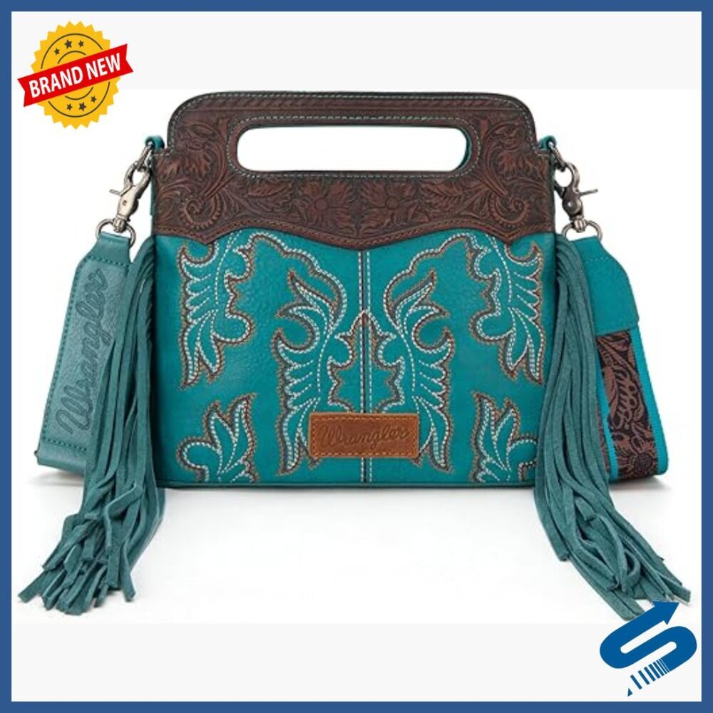 Faux Leather Crossbody Bag with Fringe Tooled Western Style Adjustable Strap